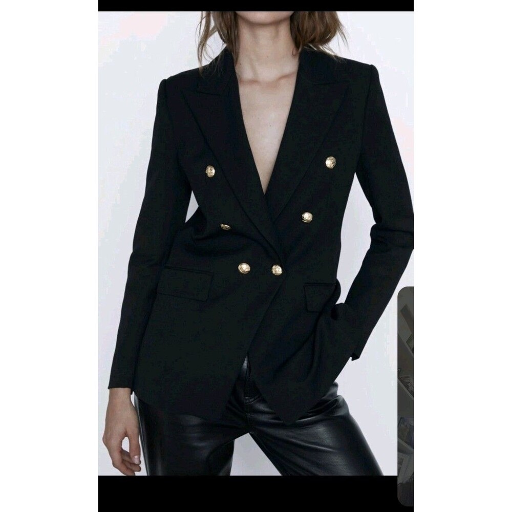 Large Zara Women Blazer gold buttons Jacket black puff shoulder double breasted